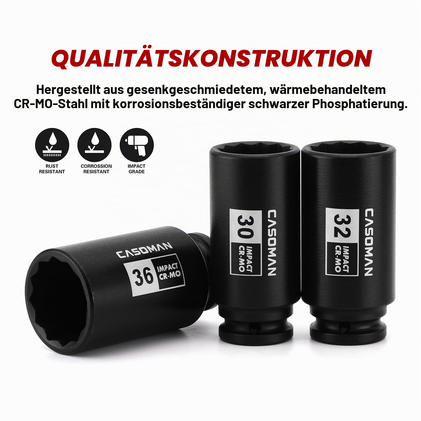 CASOMAN 8PCS 1/2-Inch Drive Deep Spindle Axle Nut Impact Socket Set,12 Point, Metric, CR-MO, 29,30, 32, 34, 35, 36, 38, 39mm