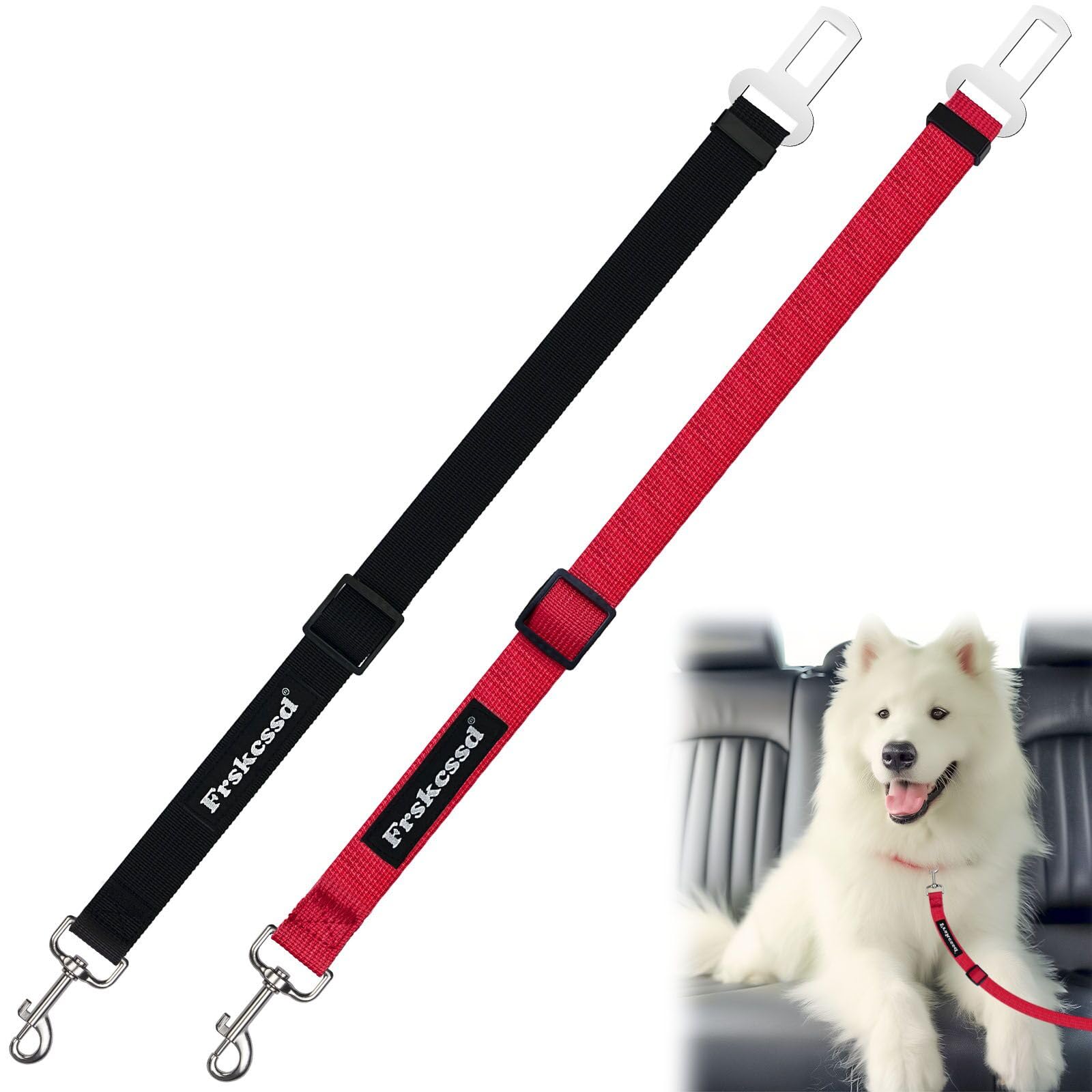 2 PCS Dog Seat Belt for Car Frskcssd Adjustable Dog Car Harness Heavy Duty Nylon Dogs Safety Seat Belt (Black+Red)