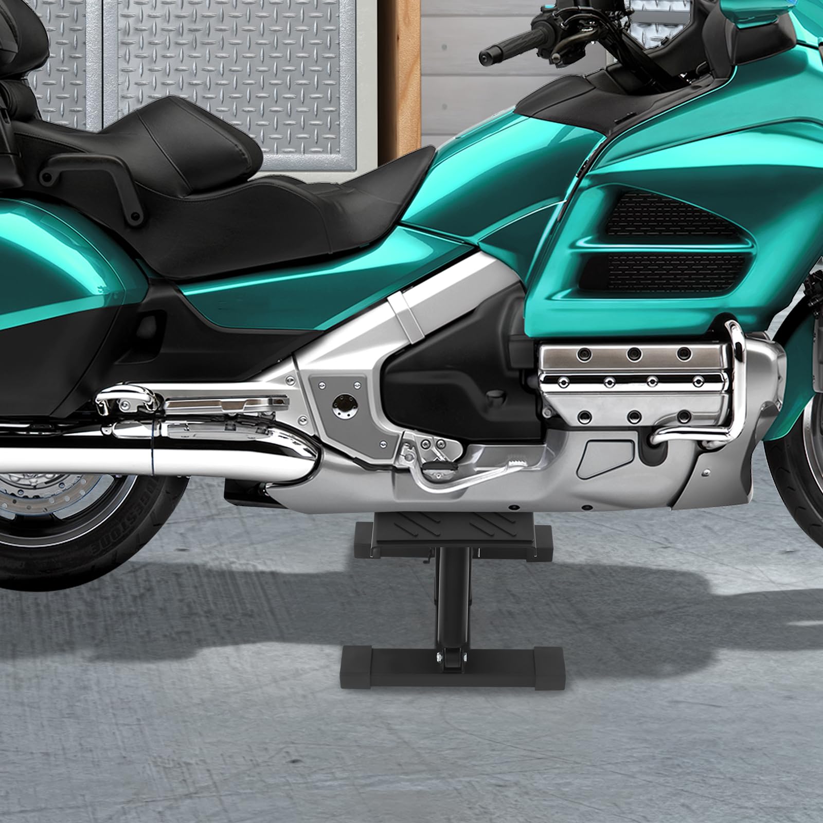 Elevador de motocicleta, rango de elevación de 25 a 34 cm, ancho de plataforma de 17 cm, capacidad de carga de 200 kg, soporte de motocicleta con 3 pernos de seguridad, plataforma elevadora de acero