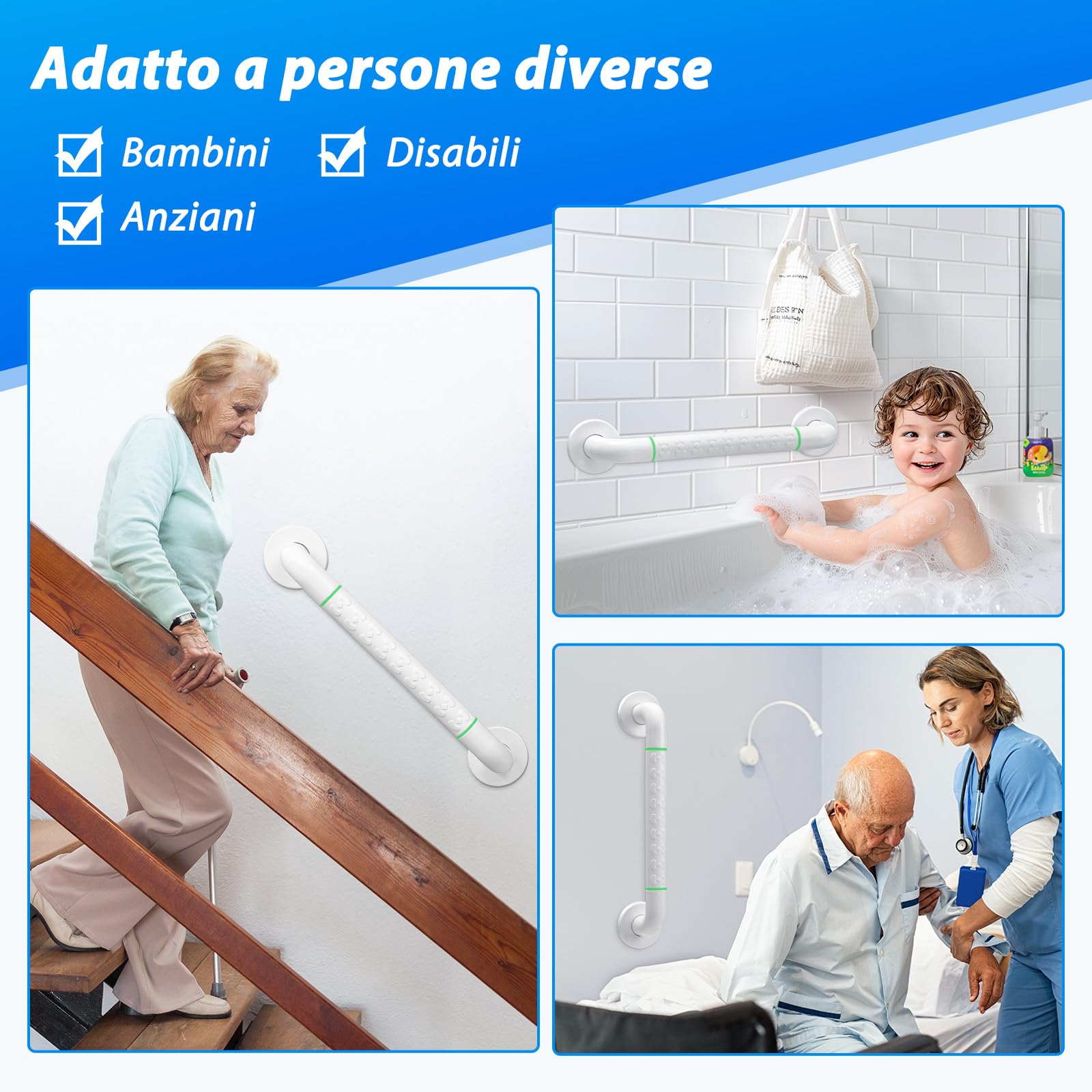 Fanwer 2 maniglioni per vasca con impugnatura antiscivolo e cerchi luminosi di sicurezza, maniglia da 40 cm in acciaio inossidabile per vasca, maniglia da parete per doccia con portasciugamani.