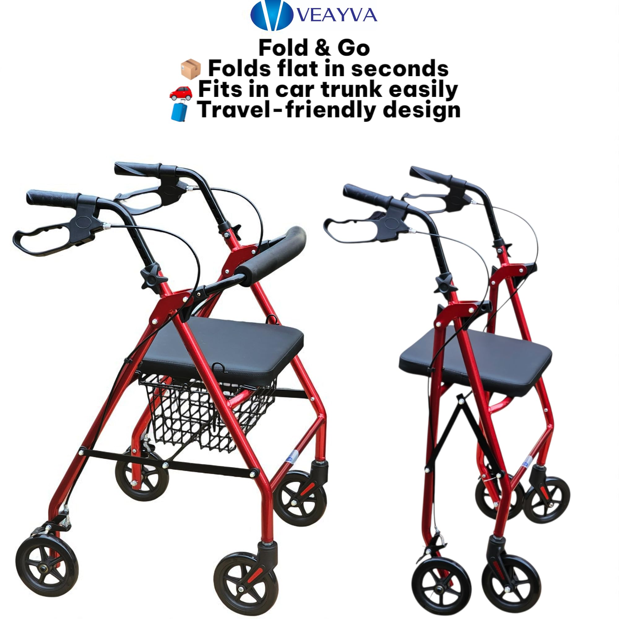 Veayva Rollator Walker with Seat – Lightweight Folding 4-Wheel