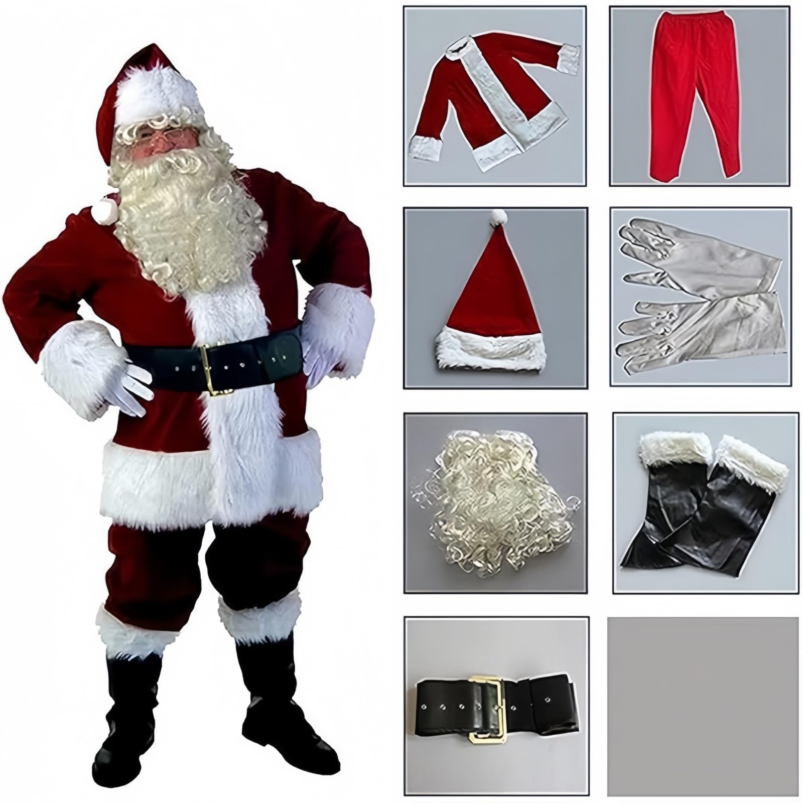 Générique Homme Costume de Père Noël 9pcs Noël en Velours de Luxe pour Adultes Déguisement Père Noel Adulte Ensemble Costume Complet avec Barbe Grande Taille Tenue Fête Cosplay