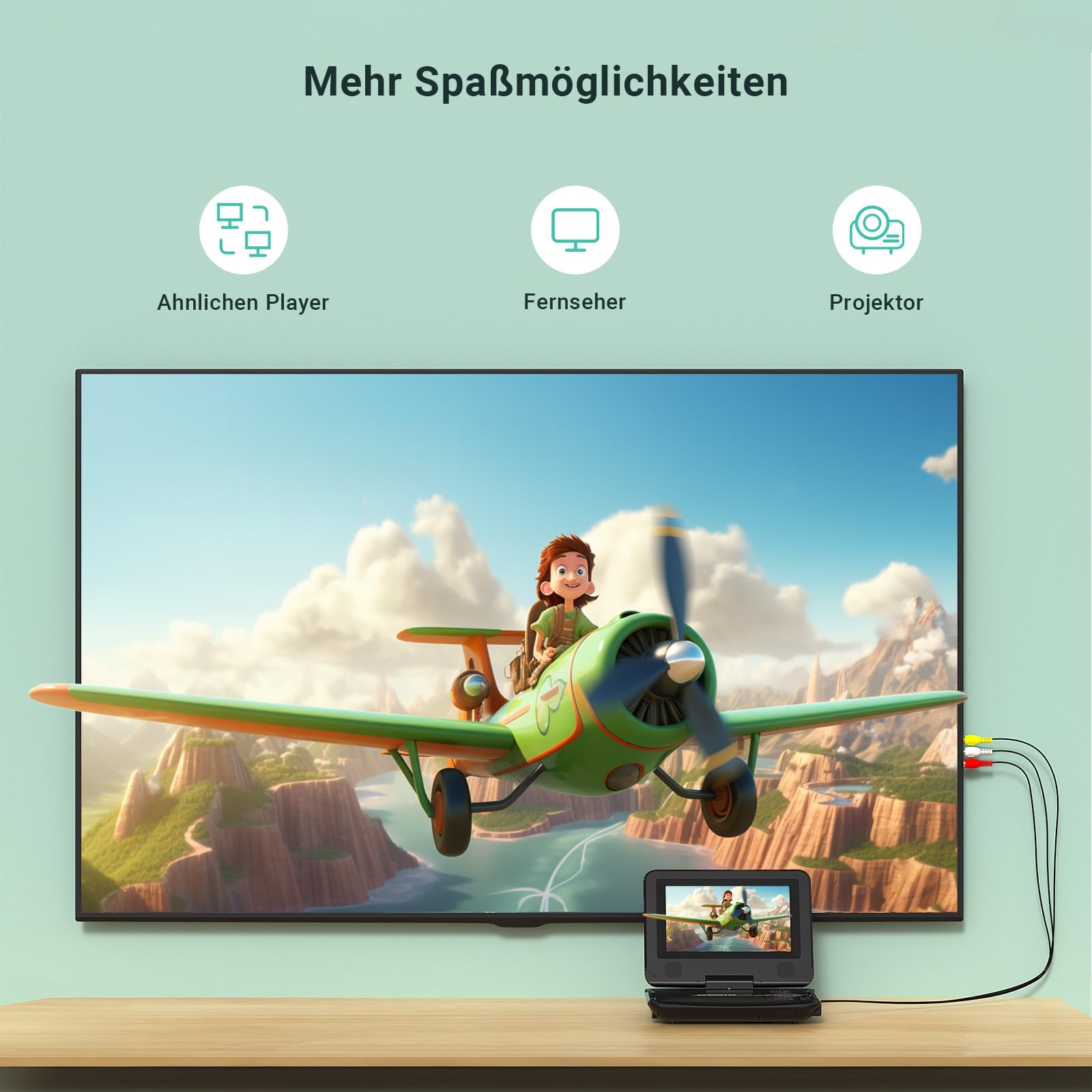 POFOTO 9.5" tragbarer DVD-Player für Kinder und Auto mit 7,5 Zoll schwenkbarem Bildschirm, 4–6 Stunden Betriebszeit, Auto-DVD-Player mit Zwei Lautsprechern, Fernbedienung, unterstützt Sync-TV