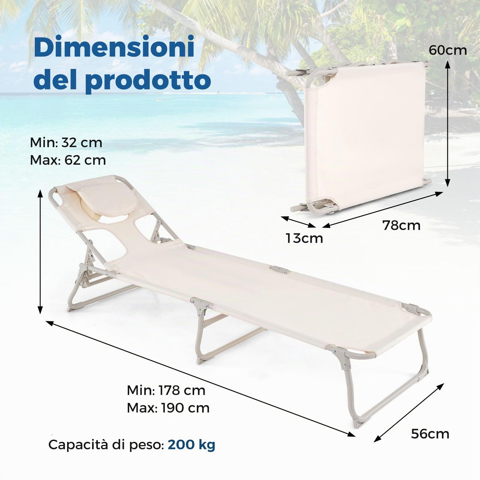 COSTWAY Lettino Prendisole da Spiaggia, Sdraio da Mare Pieghevole Leggero con Fori per Viso e Braccia, Schienale e Poggiapiedi Regolabili, per Esterno e Campeggio, Portata 200 kg, Beige