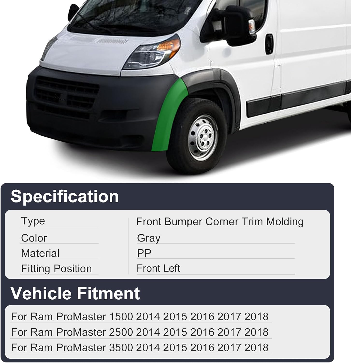 Front Bumper Flare Molding Corner End Cap Side Fender Trim Molding Panel Compatible with RAM Promaster 1500 2500 3500 2014 2015 2016 2017 2018 1ZT92LAHAA