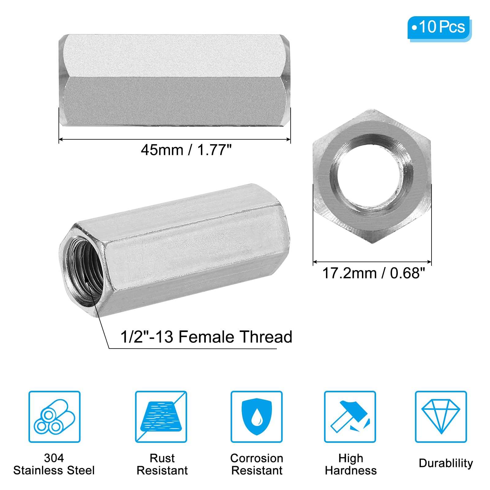 PATIKIL 1/2"-13 UNC Hex Coupling Nuts - Image 2