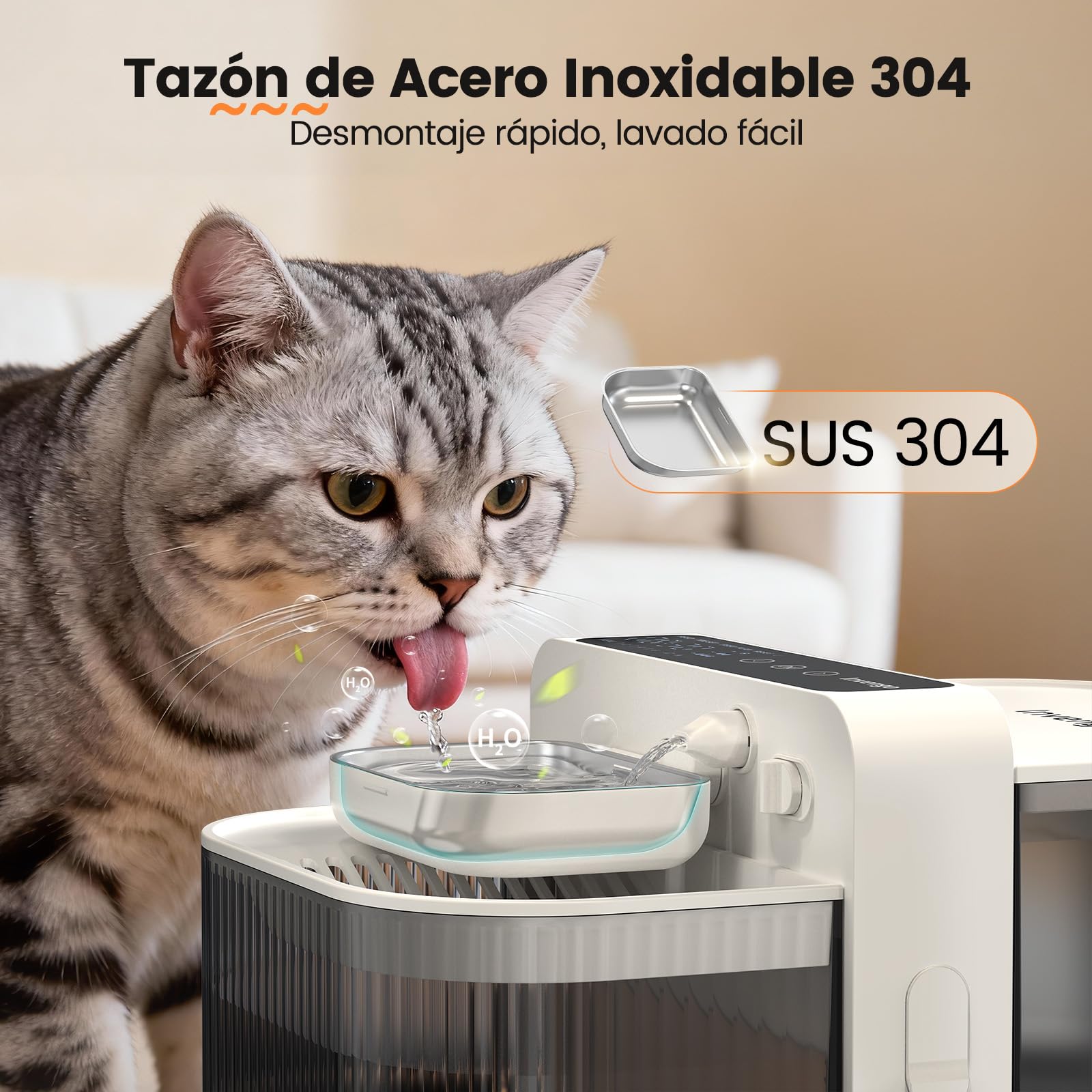 Invengo Fuente para Gatos Sin Cable y Sin Filtro - Batería 3000mAh 180 Días, Separación del Agua Limpia y del Agua Usada, Cuenco de Acero Inoxidable, Bebedero Gatos Sin Cable, 3,5L, Blanco Hueso