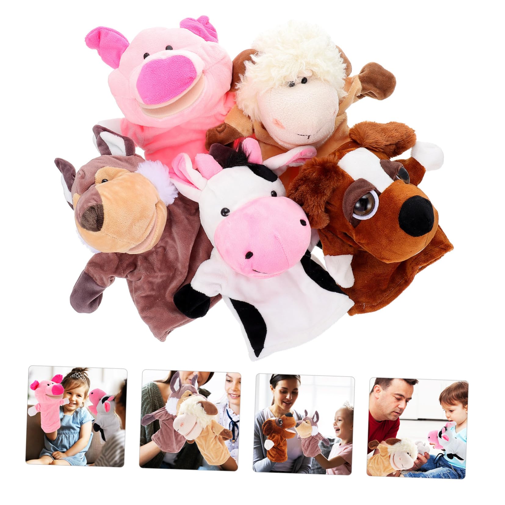UPKOCH Marionetas De Mano Boca Móvil para Niños – Set De 5 Piezas (Cerdo Rosa, Vaca, Oveja, Gris, Perro Ojazos) – Juguetes Interactivos para Contar Historias Casa y Escuela