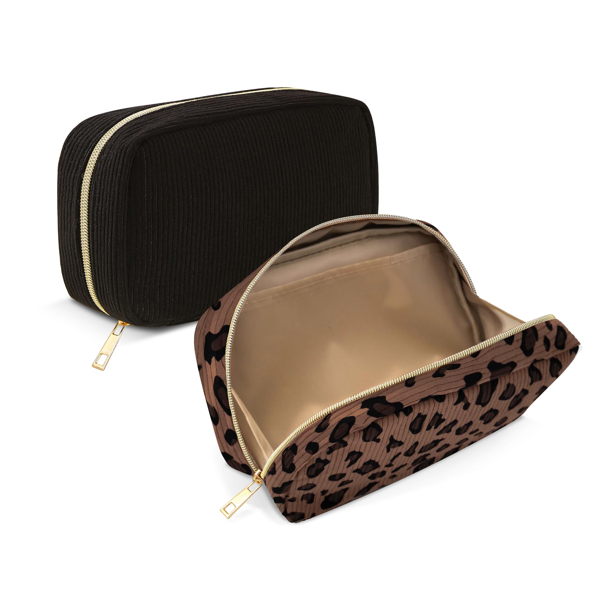 NANDADEVI Trousses de Maquillage Velours Côtelé 2pcs Noir et Léopard Marron