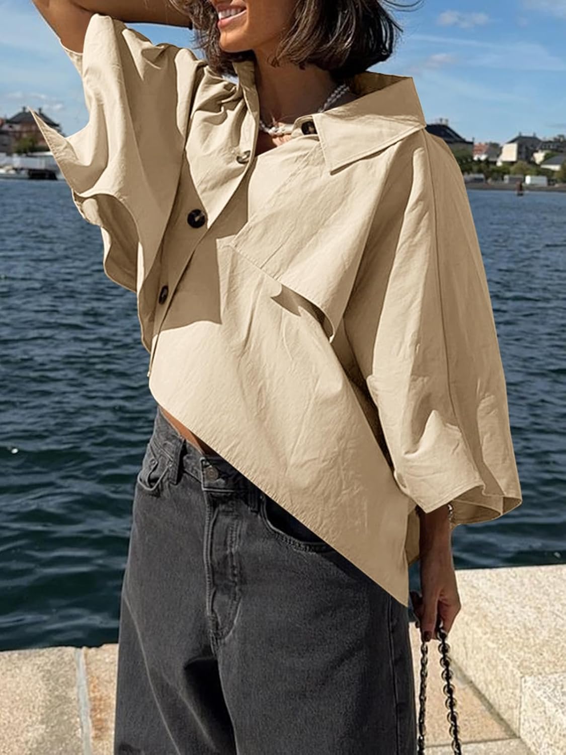 Cicy Bell Womens Oversized Cropped Trench Coats Single Breasted 3/4 Cape Sleeve Trendy Casual Jackets Button up Outerwear - Image 6