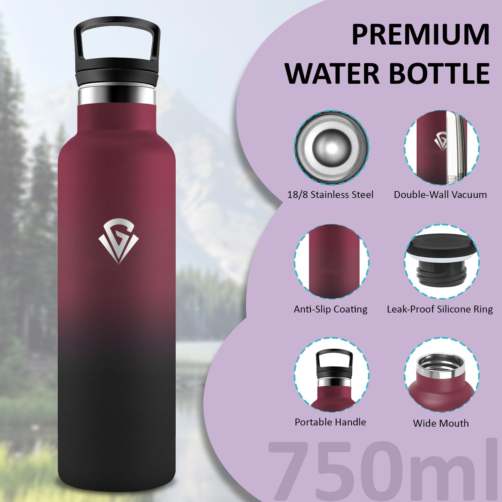 Borraccia Termica, Bottiglia Termica 750ml, Borracce Termiche con Cannuccia, Borraccia Palestra Senza Perdite, Mantiene Caldo per 12 Ore/Freddo 24 Ore, Bottiglia per Palestra, Campeggio