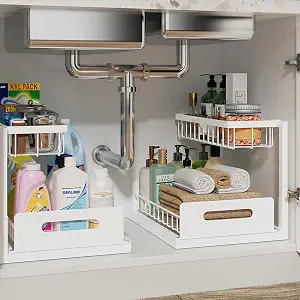 REALINN Under Sink Organizer, Pull Out Cabinet Organizer, 2 Tier Metal Slide Out Shelf with L Shaped Design, White