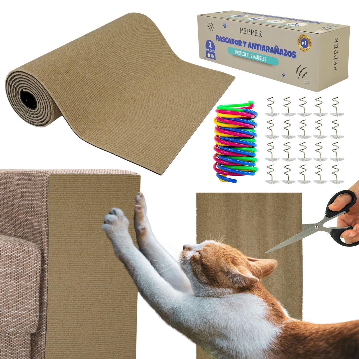 PEPPER Scratching Mat for Cats 40 x 200 cm + Fixing Pings + Toy + Scissors | Sofa Protector Cats Scratching | Ideal to Prevent Scratches on Sofas and Furniture | Self-Adhesive Mat