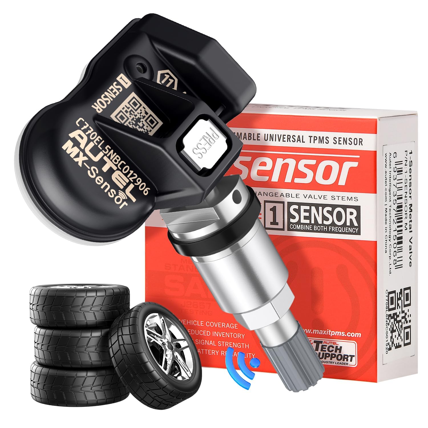 Autel TPMS Sensor 1-Sensor, MX-Sensor 315MHz + 433MHz Metal Valve, Programmable OEM Quality Universal Tire Sensor Work with Autel TPMS Relearn Tool TS408S TS501 PRO TS508 TS508WF TS601 MK808S-TS