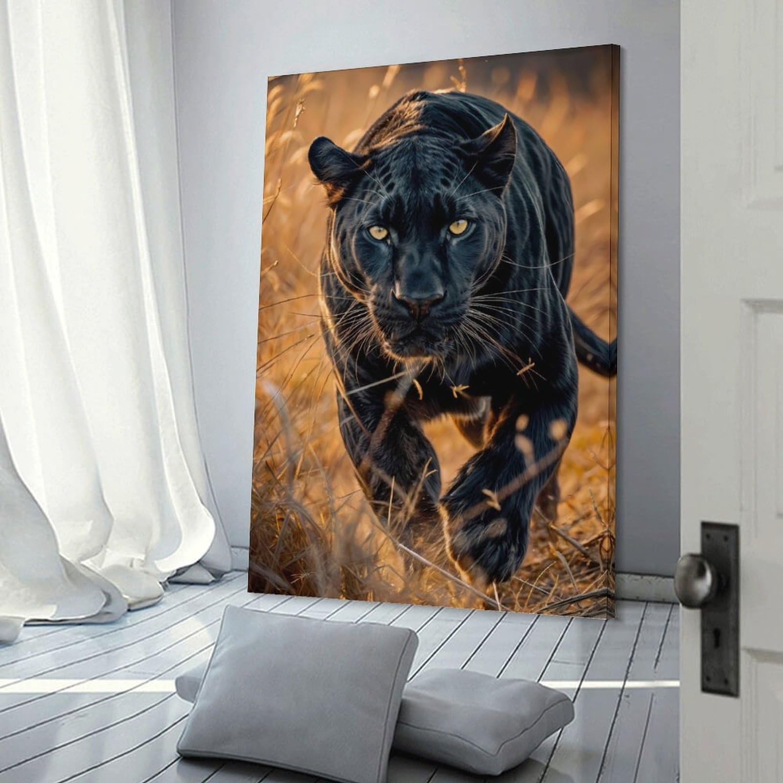 Junmoney Black Panther in Grass Wall Art Print 12x18inch(30x45cm), for Lounge, Study, Hallway Or Flat Walls, Decorative Artwork with Broad Appeal