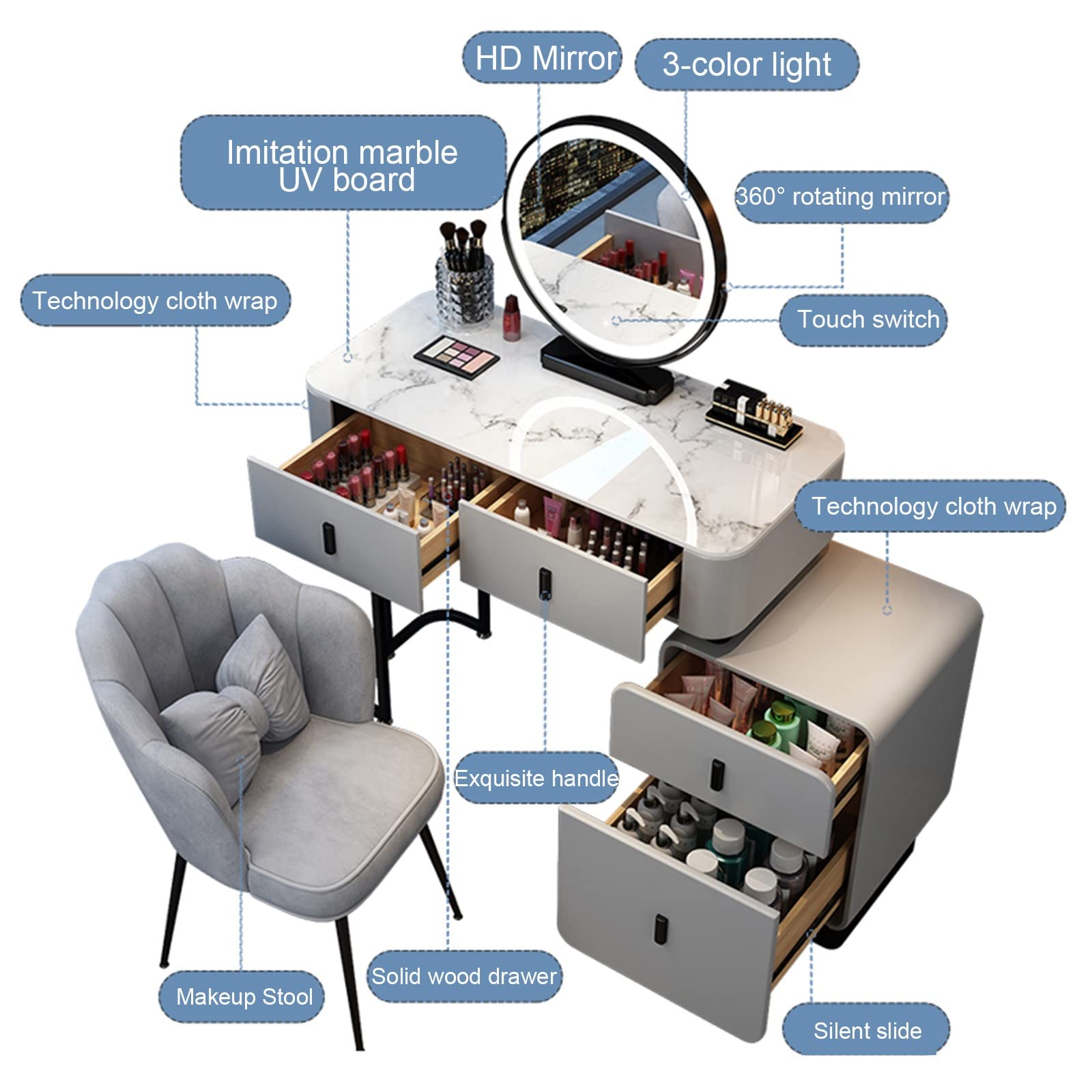 Vanity moderno per il trucco con luci, grande tavolo da toeletta regolabile con illuminazione a 3 colori, elegante design grigio, include comodino mobile e sgabello in peluche, perfetto per gli amanti