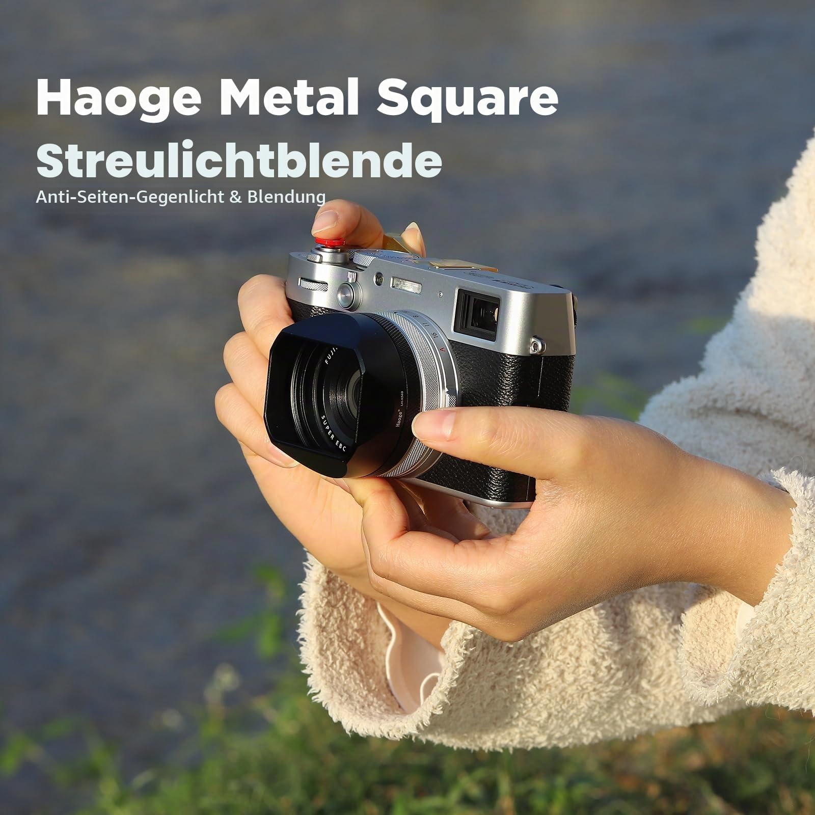 Haoge Quadratische Metall-Gegenlichtblende für Fuji Fujifilm X100VI FinePix X100V X100F X100 X100S X100T X70 Kamera Schwarz LH-X54B + Cap-X54B Objektivblende mit Kappe und 49-mm-Adapterring-Set