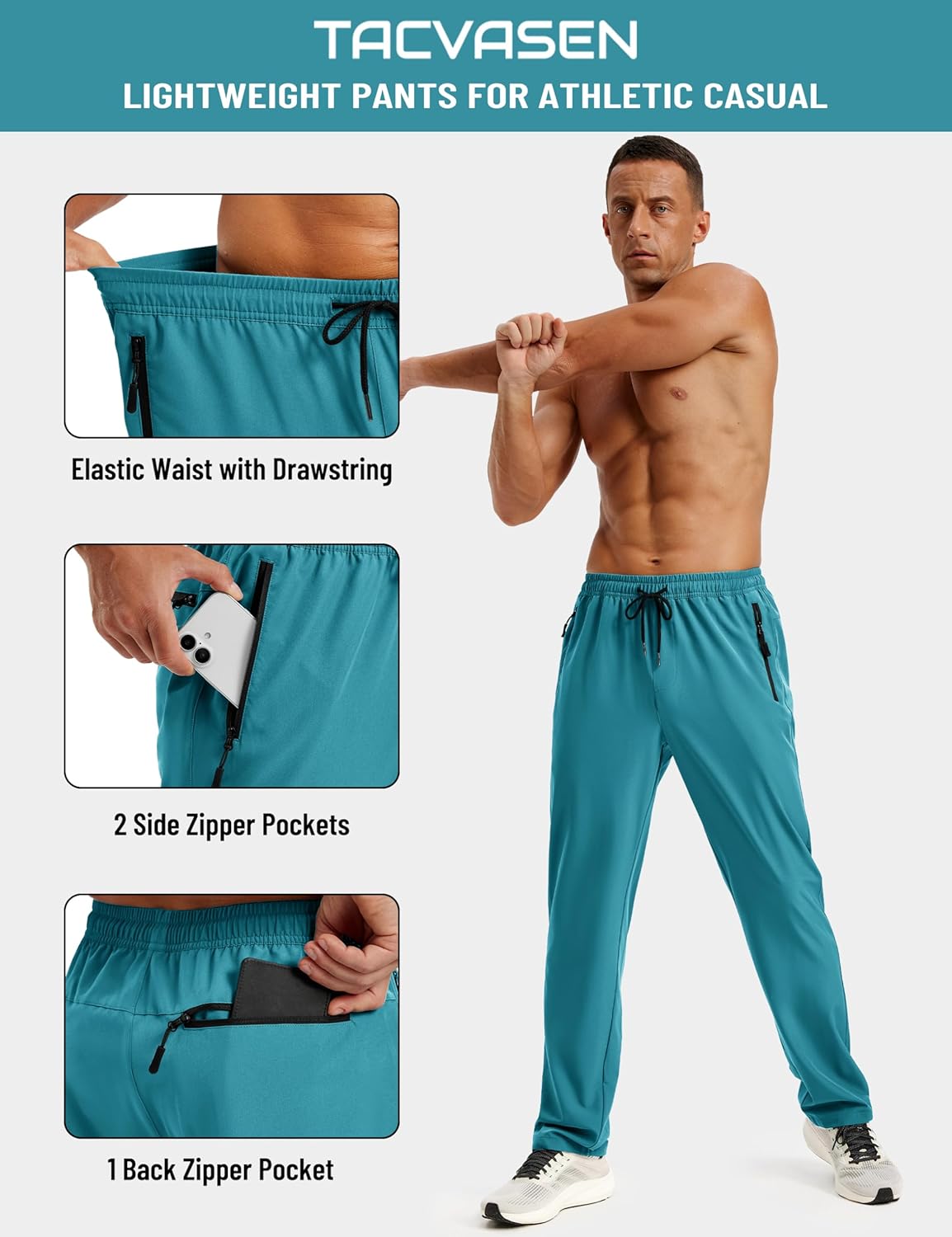 TACVASEN Mens Workout Pants Casual Athletic Hiking Lightweight Quick Dry Stretch Waterproof Sweatpants with 3 Pockets - Image 4