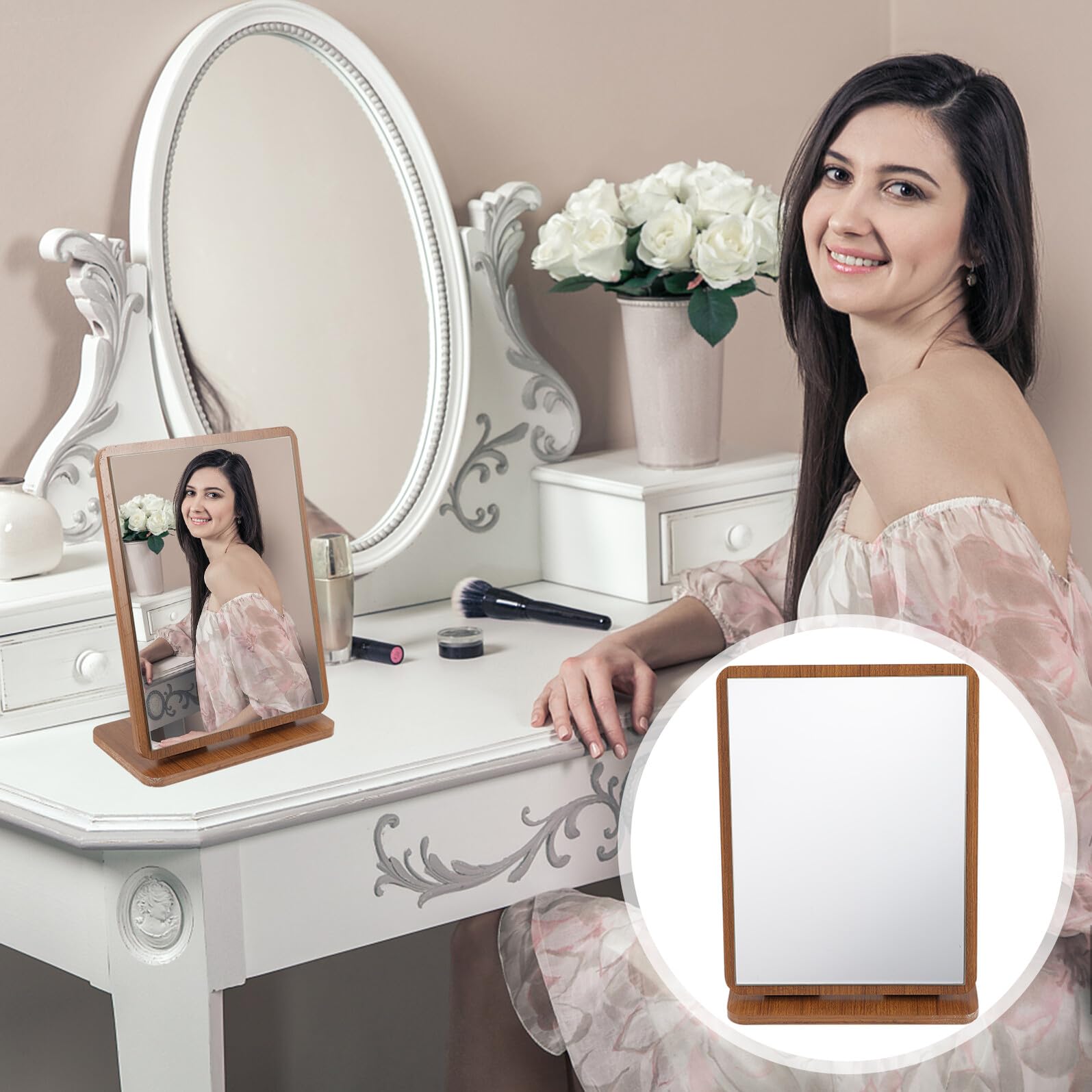 GALPADA Specchio da Tavolo in Legno Massello Regolabile per Trucco e Cura del Viso Specchio Girevole Elegante per Camera e Bagno Design Raffinato in Legno di Teak