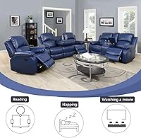 Vista 4 de Juego de sofá de 3 piezas de cuero sintético, azul, reclinación manual, sofá de dos plazas, almacenamiento, mesa de centro, cuero artificial, sala
