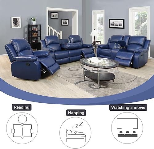 Miniatura 4 de Juego de sofá de 3 piezas de cuero sintético, azul, reclinación manual, sofá de dos plazas, almacenamiento, mesa de centro, cuero artificial, sala