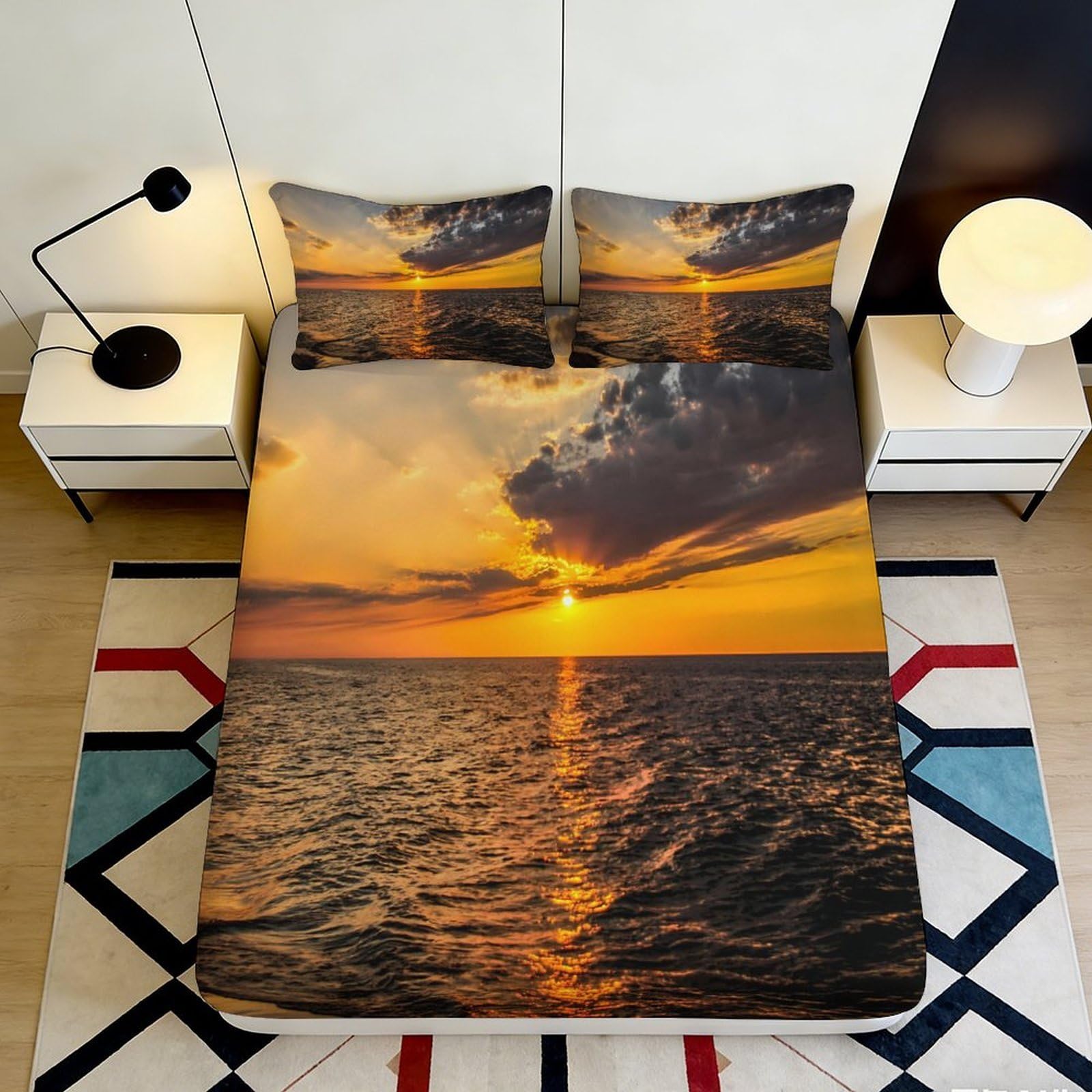 3D Printed Sunset Ocean Fitted Sheet Microfiber Soft Breathable Sunrise Sea Mattress Cover Bedroom Decor 140x200x25cm