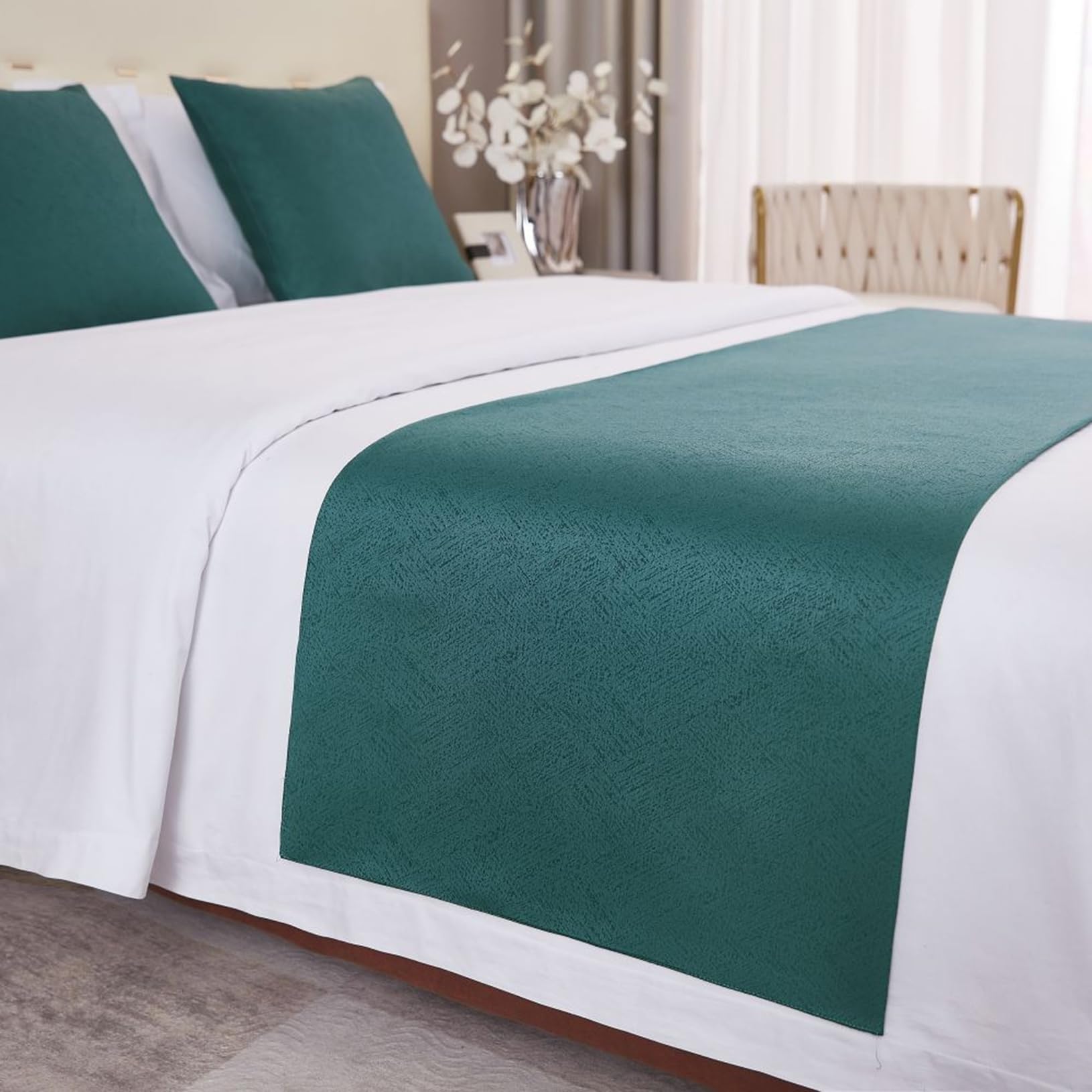 コットン ベッドランナー スカーフ、ジャカード 無地 ベッドスロー ベッドスプレッド ベッドカバー 装飾 ホテルの寝室用、グリーン、50 x 240cm 1.8m ベッド用