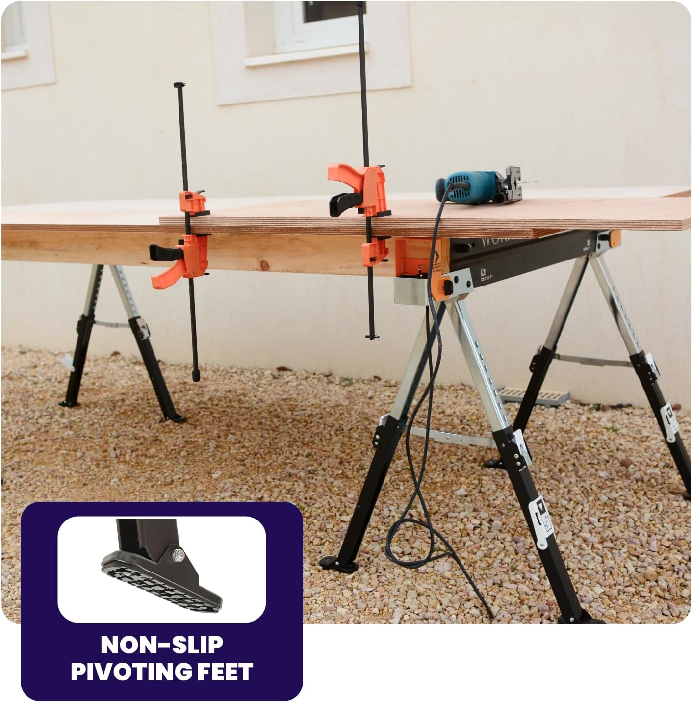 Sawhorse Twinpack 2600 lbs Jobsite Table Folding Quickly Adjustable Legs Support Arms Sawing Non Slip Trestle Sawmule Steel Workbench S600A