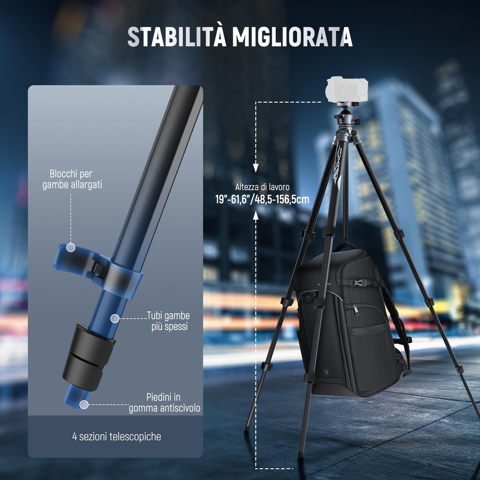 NEEWER LITETRIP LT07 61" Treppiede da Viaggio in Alluminio per Fotocamera con Testa Sfera a Basso Profilo, Piastra QR Arca Compatibile con Peak Design Tripod Plate V3, Doppio Asse Centrale, Max 10kg