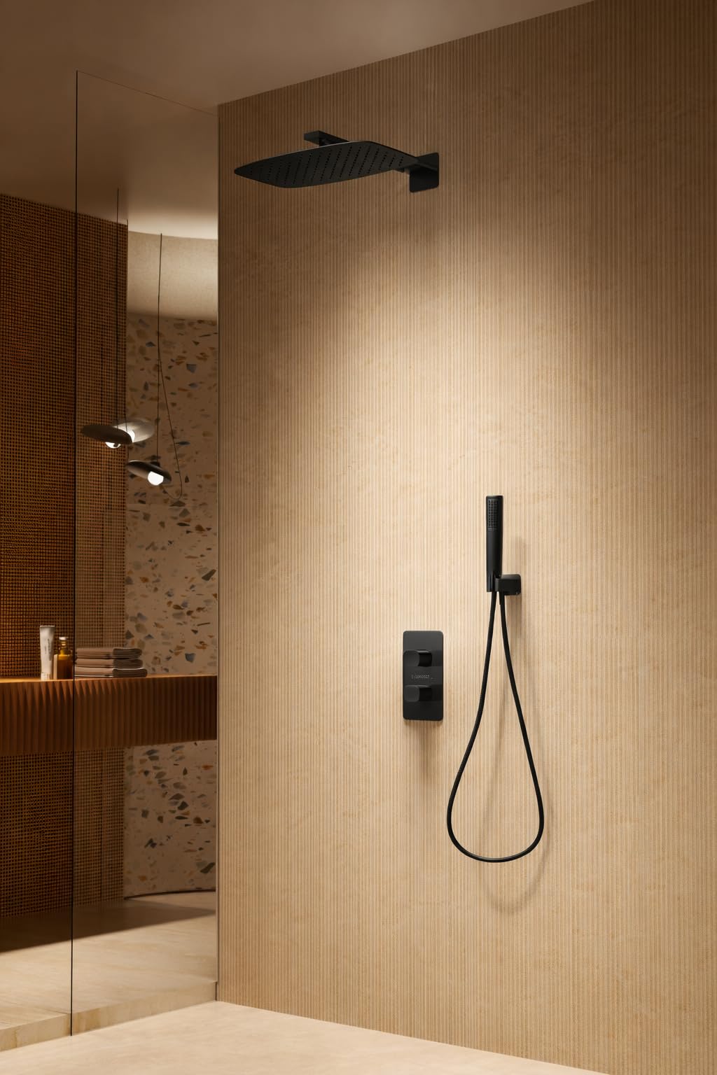 IMEX Conjunto Ducha Empotrado Termostático Negro mate Toscana GTT064 Grifería con Rociador Efecto Lluvia 25x40 cm Ducha de Baño 2 Vías Set de Ducha Completo