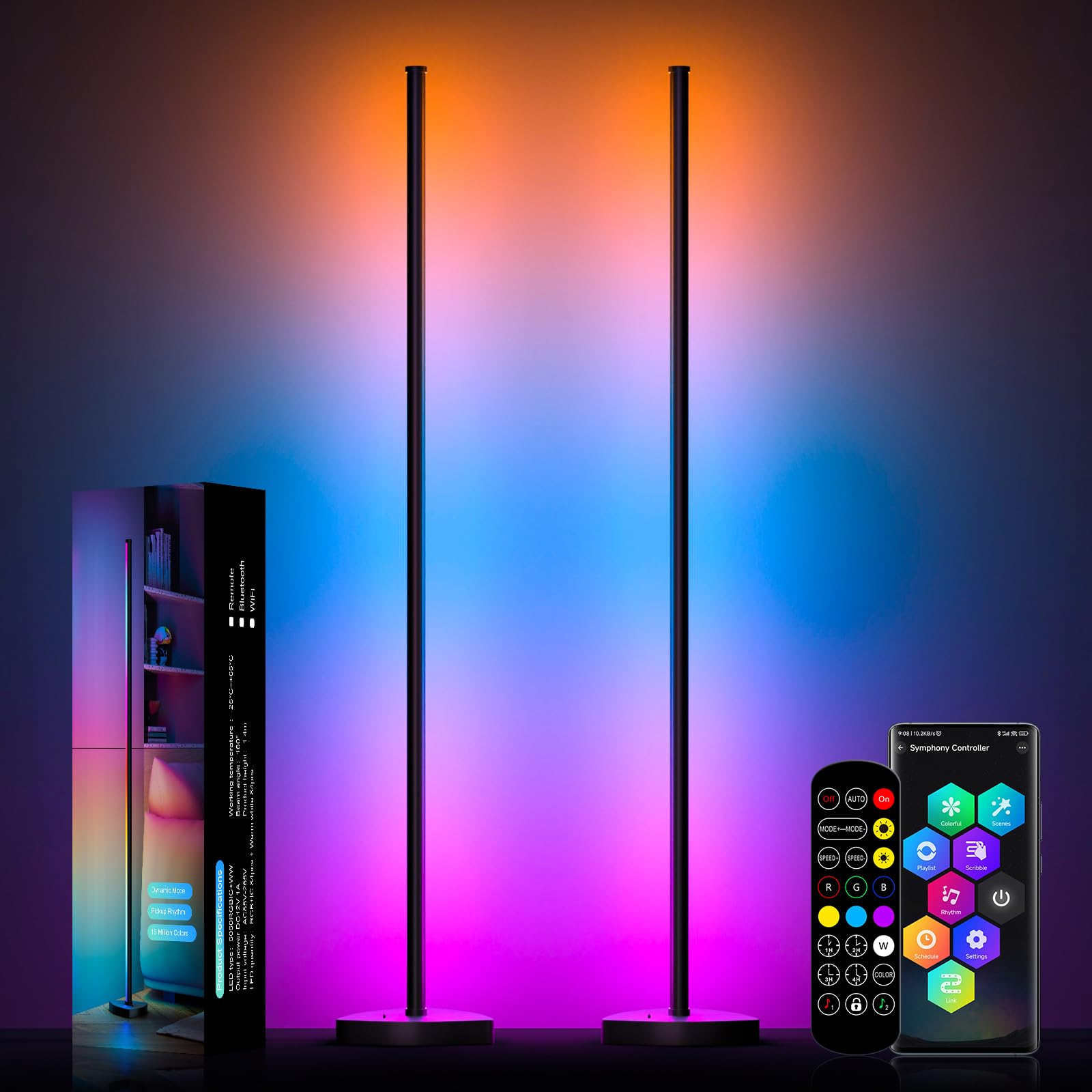 Corner Floor Lamp, 2 Pack LED Corner Lamp with APP and Remote Control, 16 Million DIY Colors & Warm White, Music Sync, Timing Function, Color Changing Ambient Lights for Living Room, Bedroom, Gaming