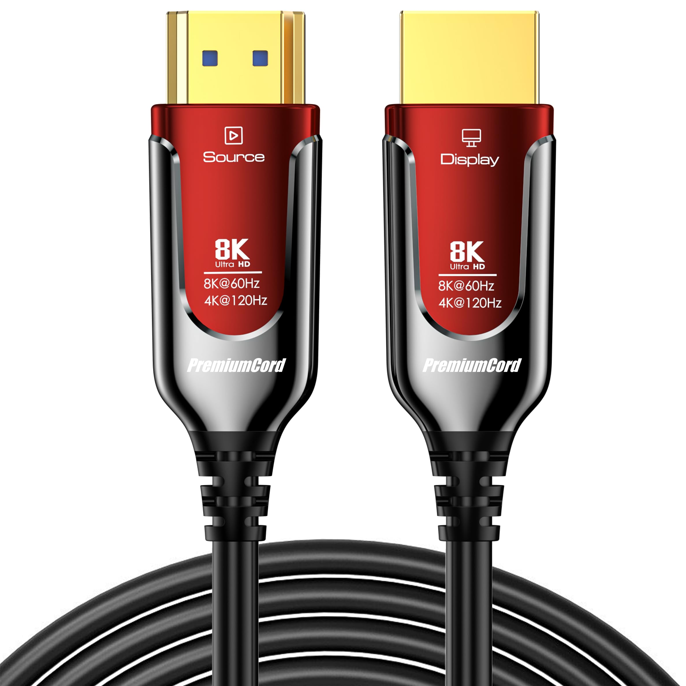 PREMIUMCORD 8K Cable de Fibra Óptica HDMI 2.1, Ultra Alta Velocidad 48 Gbit/s, 3D, EDID, eARC, HDR, Resolución 8K@60Hz 4320p, 4K@240Hz, Compatible con PS5, Xbox X, PC, TV, Chapado en Oro, Longitud 25m