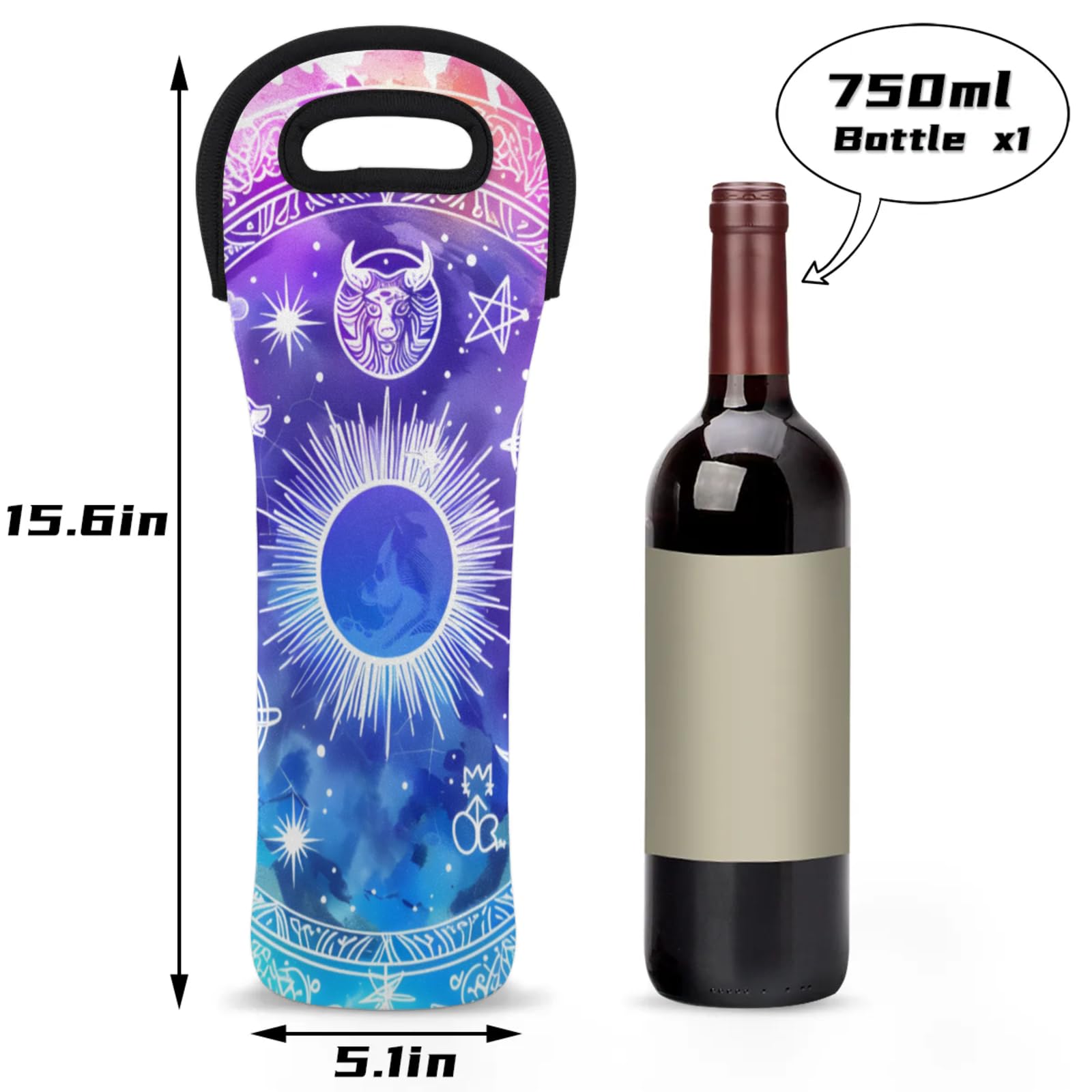 Neoprene Wine Tote Carrier Bag for Wine,Water, Champagne, Beer, Baby Bottles 15.6 x 5.1 Inches, Protective Wine Bag,Horoscopes