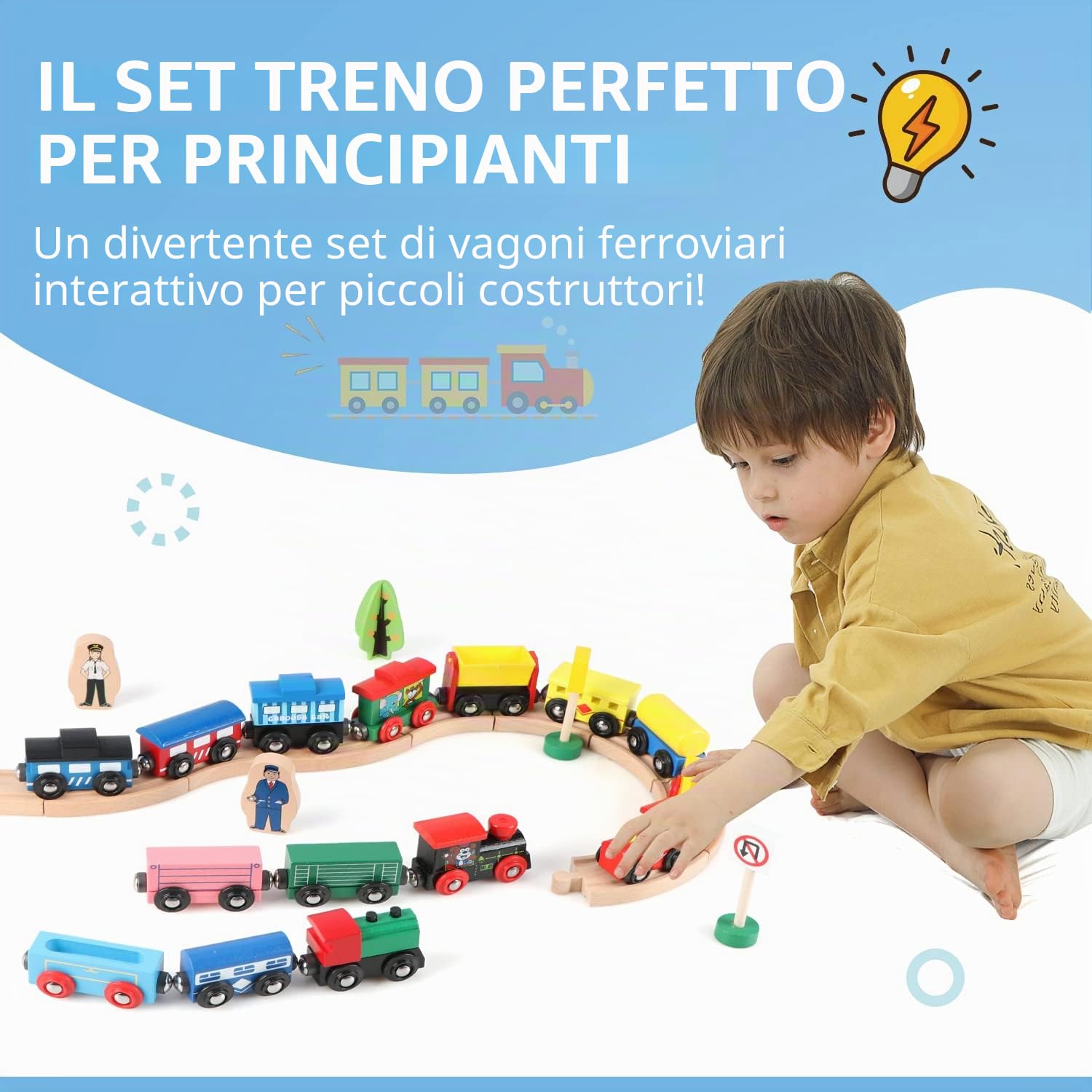 Jacootoys Set di vagoni ferroviari magnetici in legno, 15 auto, 10 binari, con custodia, per bambini piccoli, compatibile con set di binari ferroviari delle marche principali