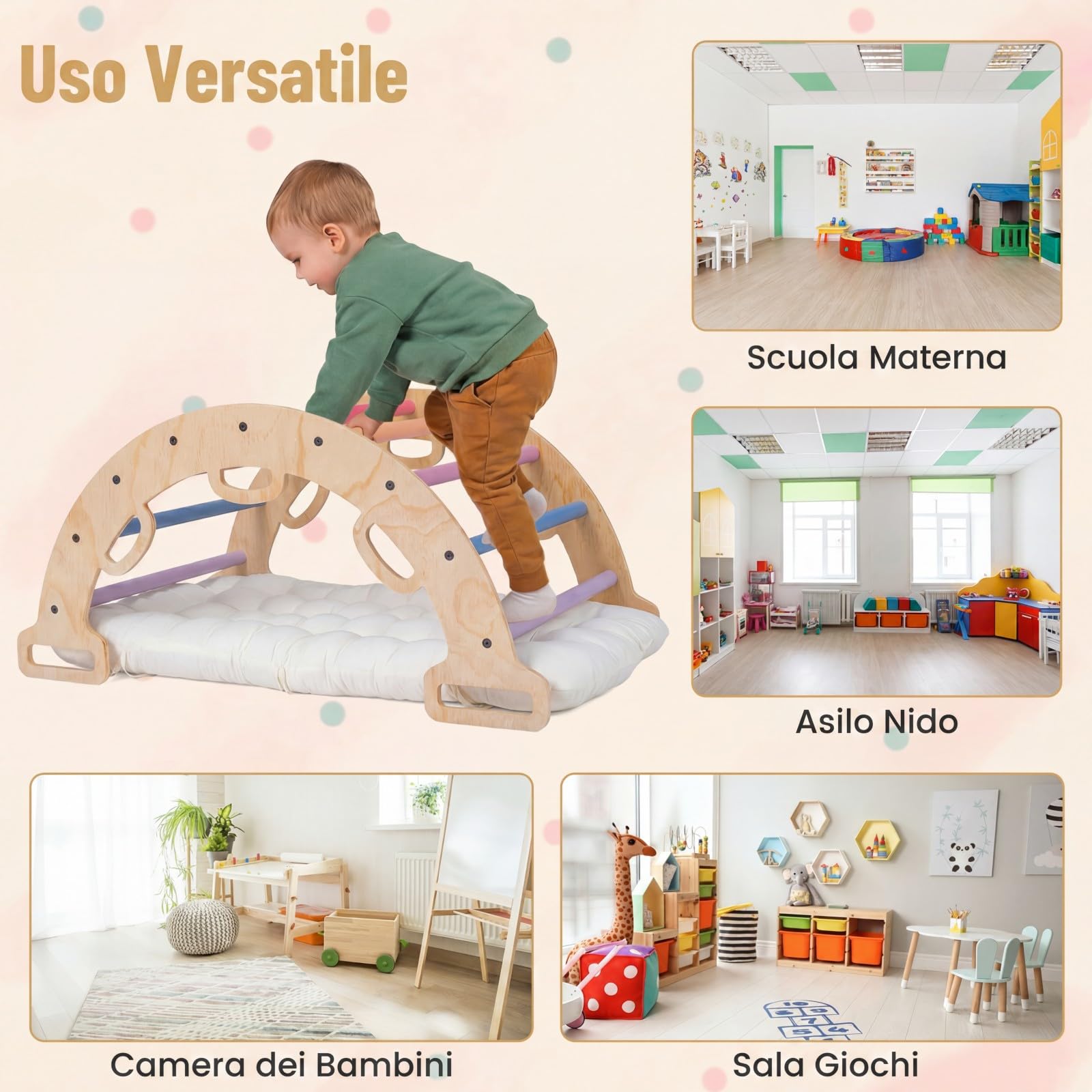 COSTWAY Arco da Arrampicata Bambini, Giocattolo da Arrampicata Versatile in Legno Massello, Cuscino Morbido, Altalena ad Arco Educativa con 10 Maniglie per Bambini 3+ Anni (Multicolore)