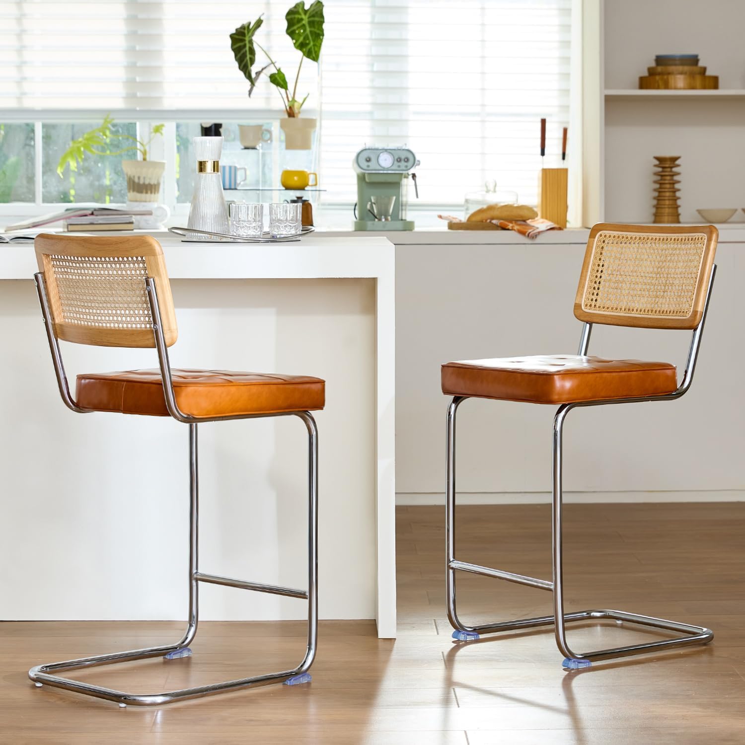 GrandNoor Natural Rattan Bar Stools Set of 3 with Solid Wood Back, 24 Inch Mid Century Modern Counter Height Stools, Green Upholstery Boho Stool for Kitchen Counter with Chrome Metal Legs