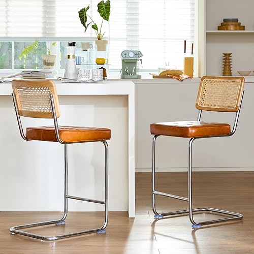 Miniatura 13 de Juego de 2 taburetes de bar de ratán natural con respaldo de madera maciza, taburetes modernos de mediados de siglo de altura de mostrador, taburete