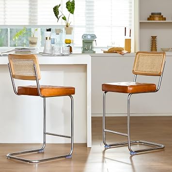 Natural Rattan Bar Stools Set of 2 with Solid Wood Back, 24 Inch Mid Century Modern Counter Height Stools, Brown Faux Leather Upholstery Boho Stool for Kitchen Counter with Chrome Metal Legs