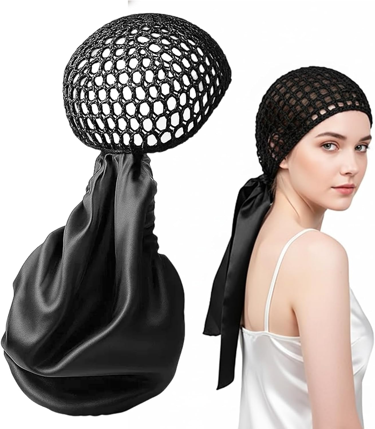 1 pieces black Wrap Cap Hair Net and Scarf, hair Wrap for Women with Curly, Braided, or Long Hair, Silk Press Wrap for Hair Protection and Styling.