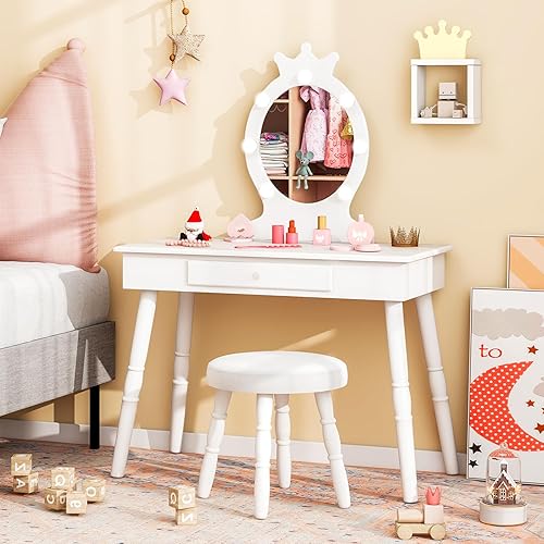 Miniatura 26 de Costzon Juego de tocador para niños, mesa de maquillaje de princesa de madera con taburete acolchado, cajón grande, patas de madera maciza y espejo
