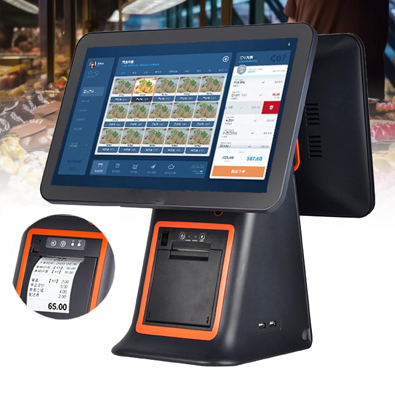 Caja registradora inteligente, con pantalla para el cliente e impresora térmica integrada de 58 mm, caja registradora de punto de venta,para restaurantes comerciales Venta al por menor,Black