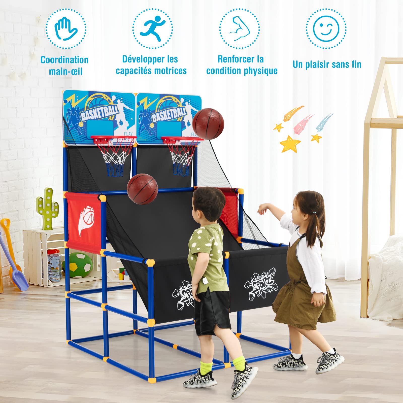 COSTWAY Jeux de Basketball Arcade à Double Tirs Enfants avec 4 Balls et 2 Paniers, Panier de Basketball Double Intérieur avec Pompe Gonflage pour Enfants de 3 Ans+