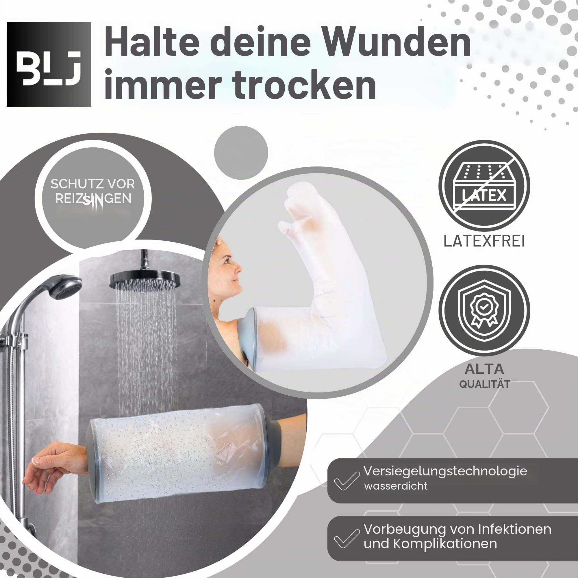 BLJ® Gipsschutz für Erwachsene, langer Arm, wasserdicht, aus Silikon, flexibel und wiederverwendbar für den täglichen Gebrauch, luftdichte Aufbewahrungstasche mit Reißverschluss.
