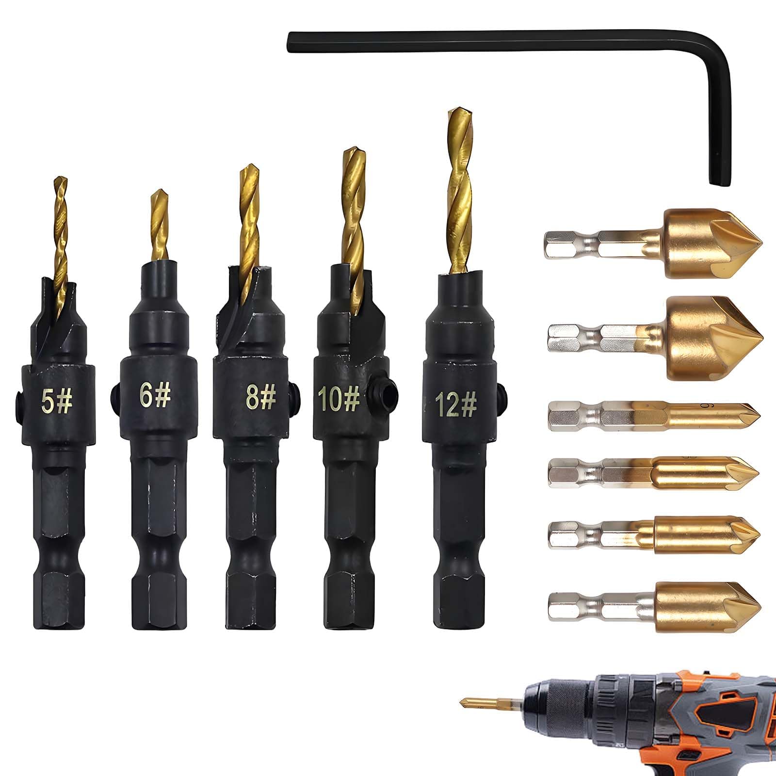 12 PCS Wood Countersink Drill Bit Set Drill Bit Sets Counter Sink Drill Bits For Wood Countersink Bits, 6 Pcs Hexagonal Shank Five-Flute Chamfer Tooland 5 Pcs Woodworking Drilling Bits 1 Wrench