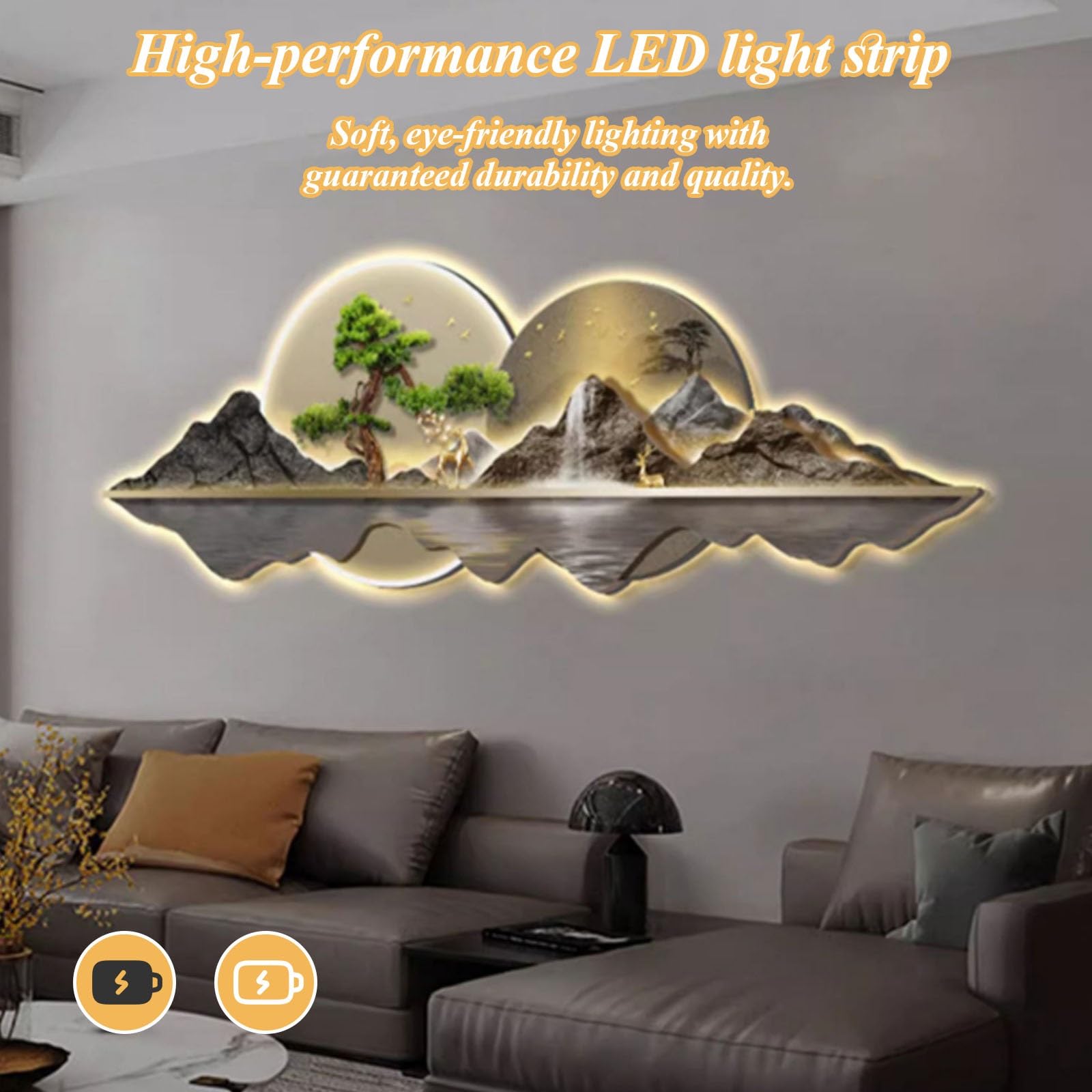 Wandkunst mit warmweißem LED-Licht，3D-Wandkunst LED-Beleuchtung – moderne chinesische Landschaftsmotive，Dekorative LED-Wandleuchten für Wohnzimmer,Schlafzimmer und Büros(B,150*50cm/59.1*19.7in)