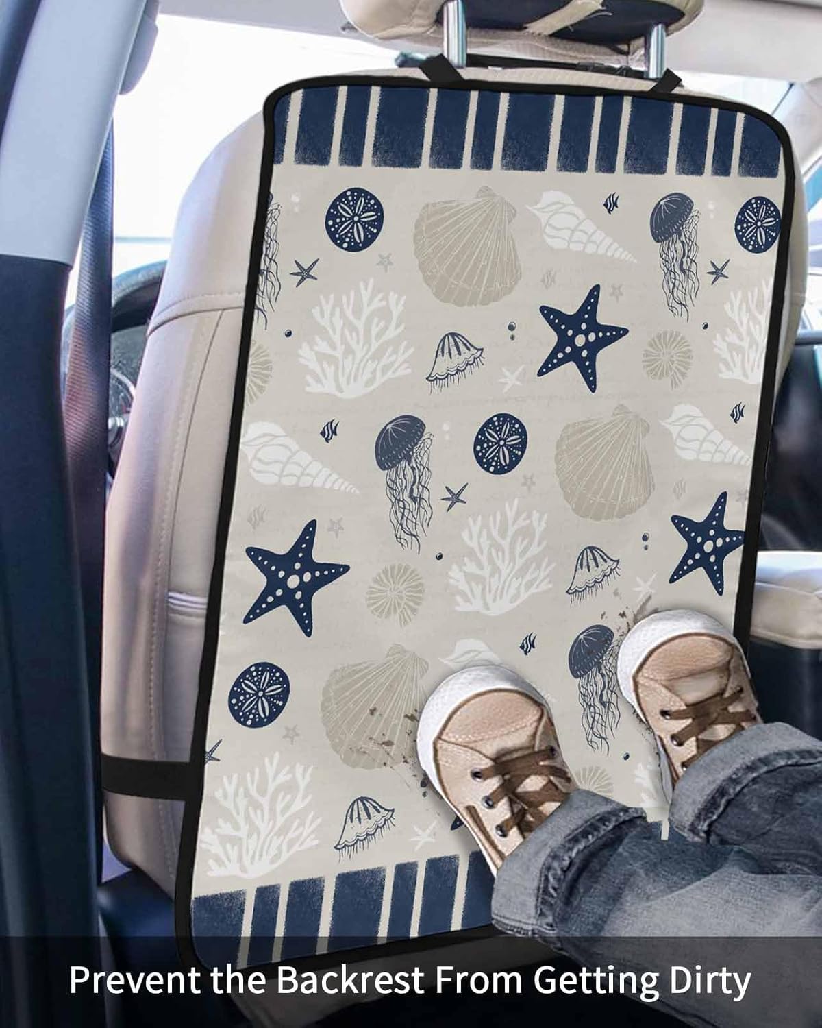 Car Seat Protector, 2 Pack Kick Mats Back Seat Protector Retro Navy Blue and Brown Starfish Seashell Jellyfish Coral Waterproof Backseat Cover for Kids Universal Fit Automotive Interior Protectors