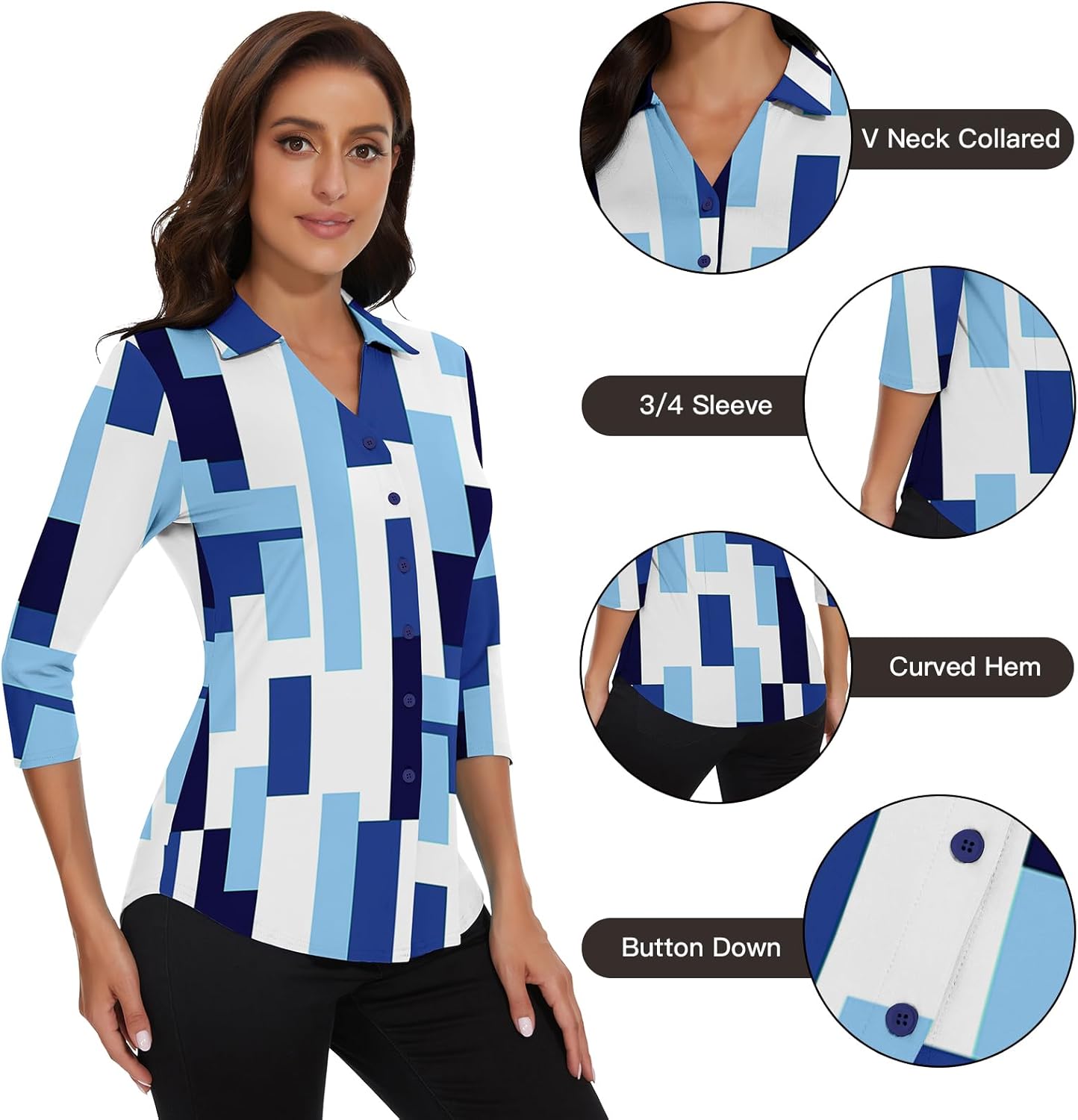 Soneven Womens Golf Polo Shirts 3/4 Long Sleeve V Neck Button Down Shirts Business Causal Work Blouses Tops