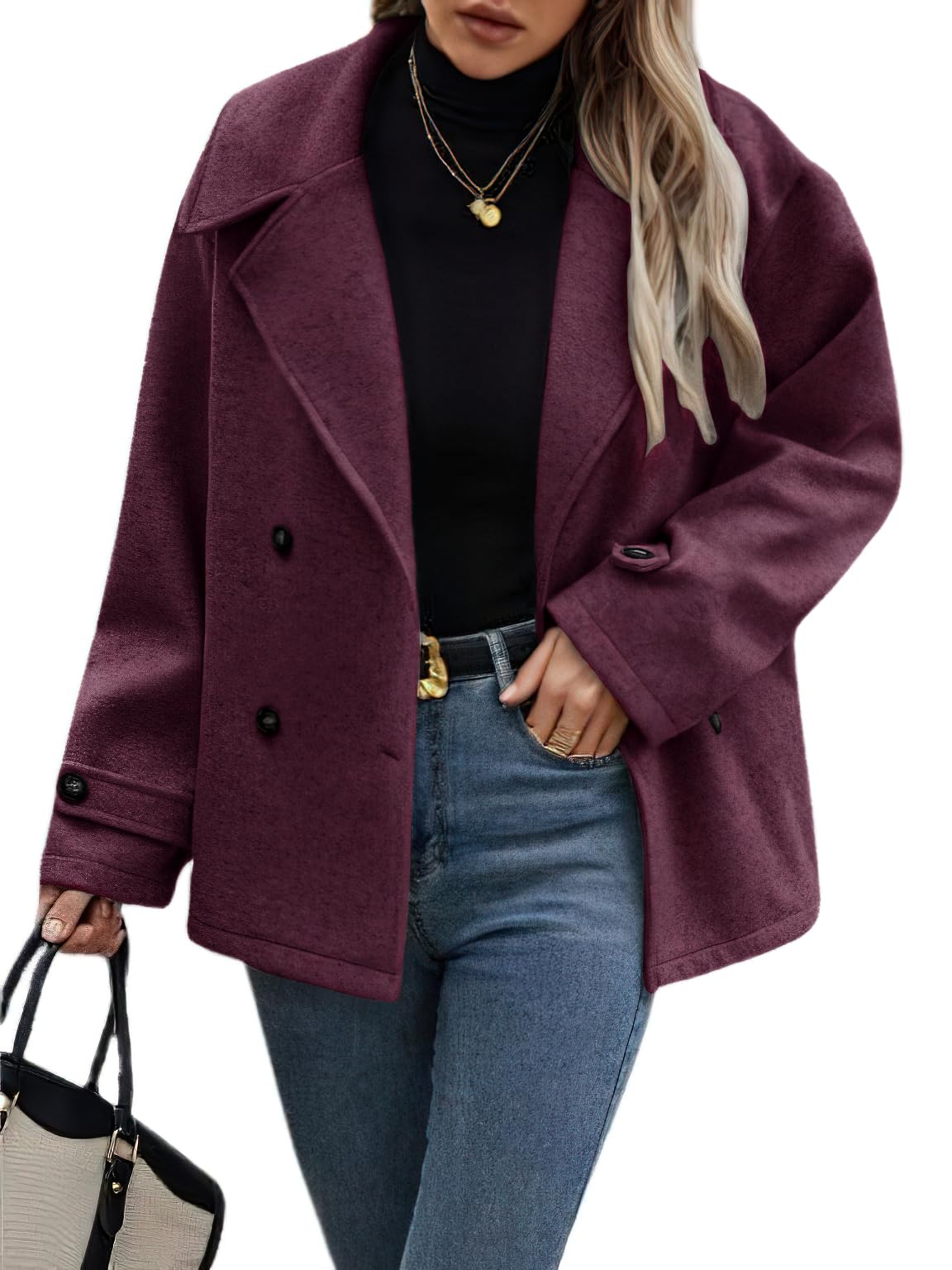 CHOUYATOU Womens Winter Loose Fit Cropped Wool Coat Double Breasted Dressy Short Blazer Jacket Peacoat