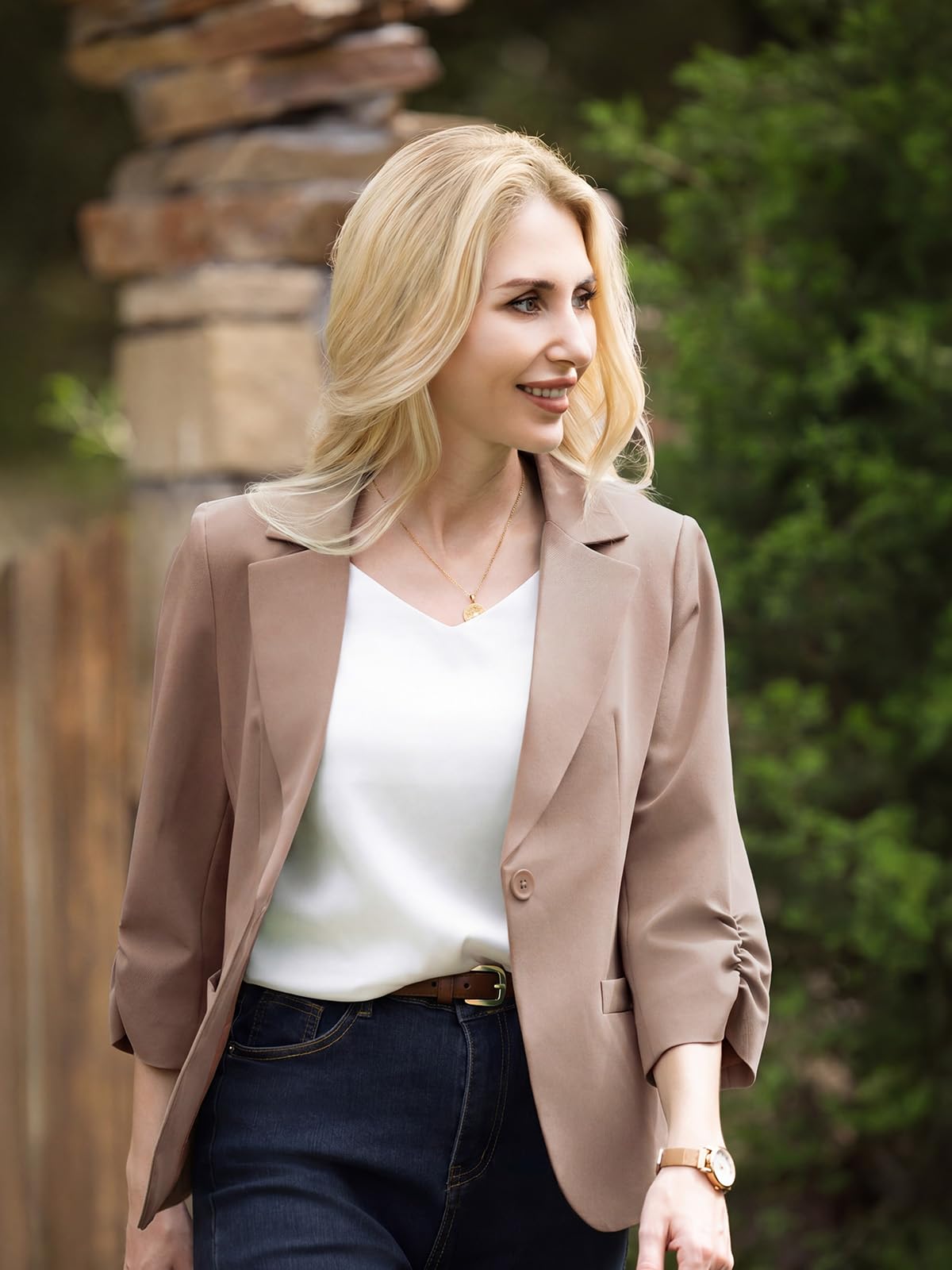 Blazer Femme Élégant Business Décontracté Manches 3/4 Froncées 1 Bouton Col à Revers Veste de Bureau avec Poches