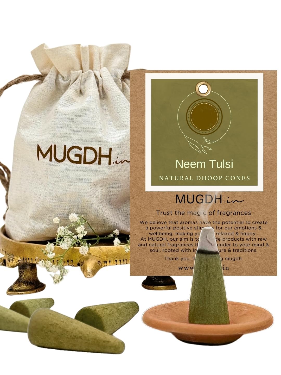 Mugdh Natural Mosquito Repellent Agarbatti – Neem Tulsi | Bambooless, Low Smoke, Charcoal Free Dhoop Cones | 80 Organic dhoop batti | Free Cotton Potli & Dhoop Stand